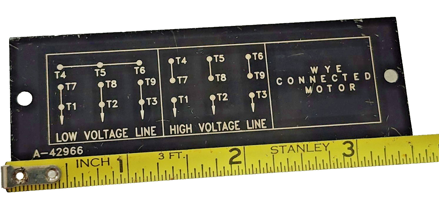 Wye-Delta 3-Phase Motor A-42966 Wye Connected Motor Steel Label 3-1/2”x 1-1/8”