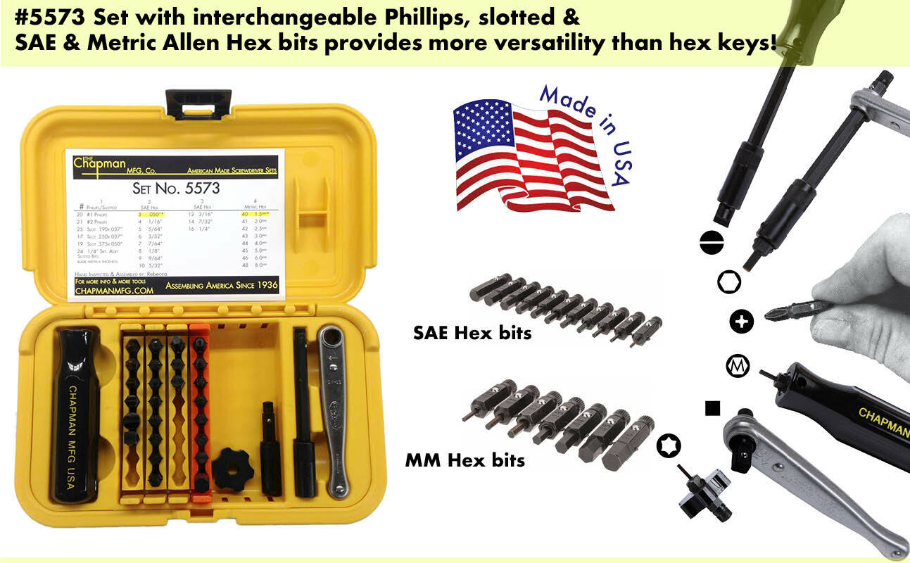 Chapman MFG #5573 SAE & Metric Allen Hex Screwdriver Set USA MADE