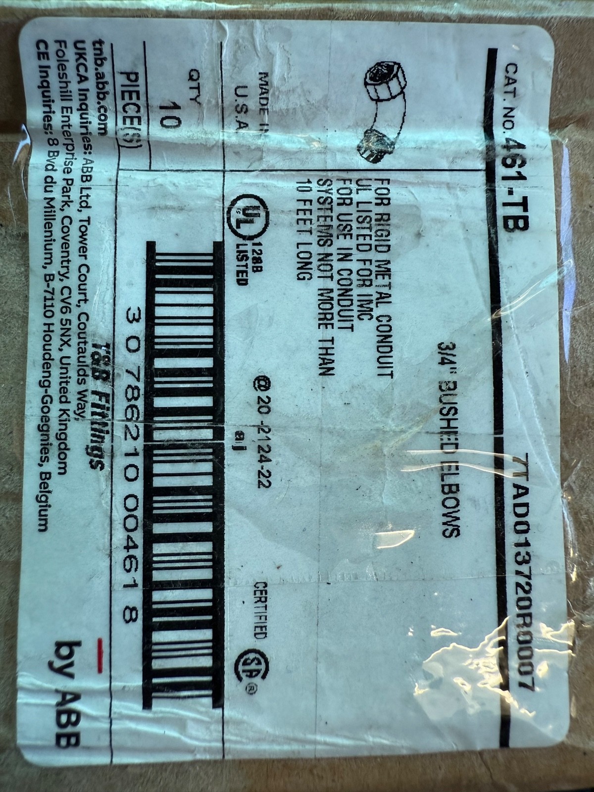 New 461-TB 3/4″ Rigid Conduit Bushed Elbows By ABB (box of 10)
