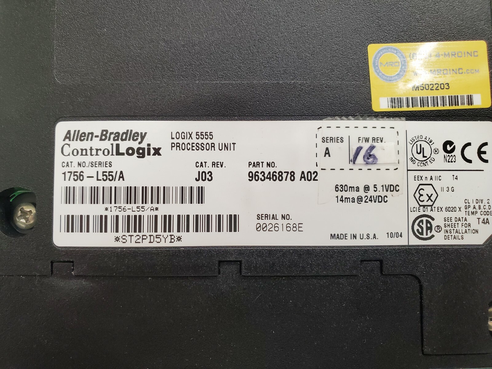 GUARANTEED! ALLEN-BRADLEY F/W REV. 16 LOGIX 5555 PROCESSOR UNIT 1756-L55/A