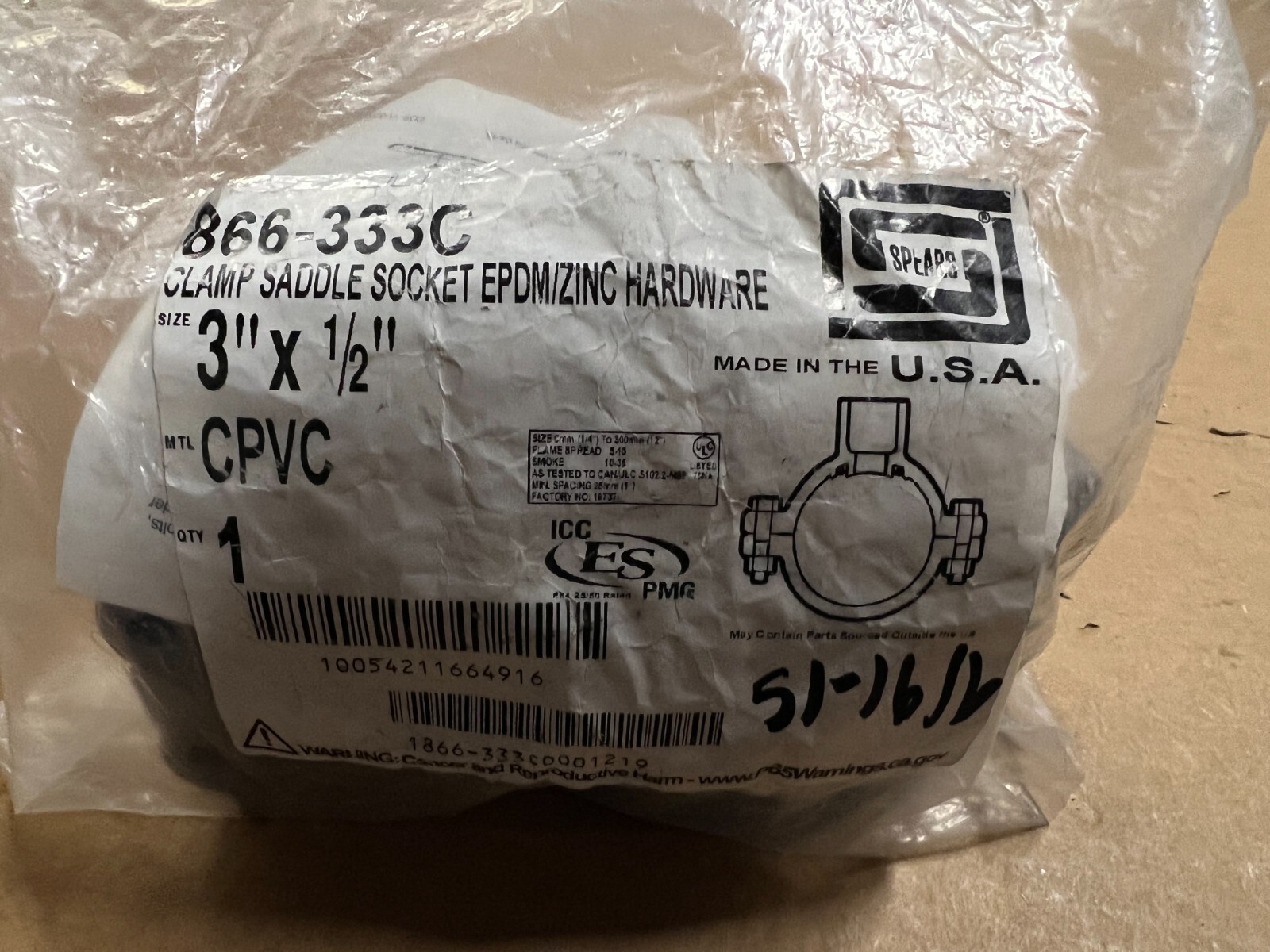 SPEARS 866-333C CLAMP SADDLE SOC With Hardware 3″ X 1/2″ CPVC New NIB