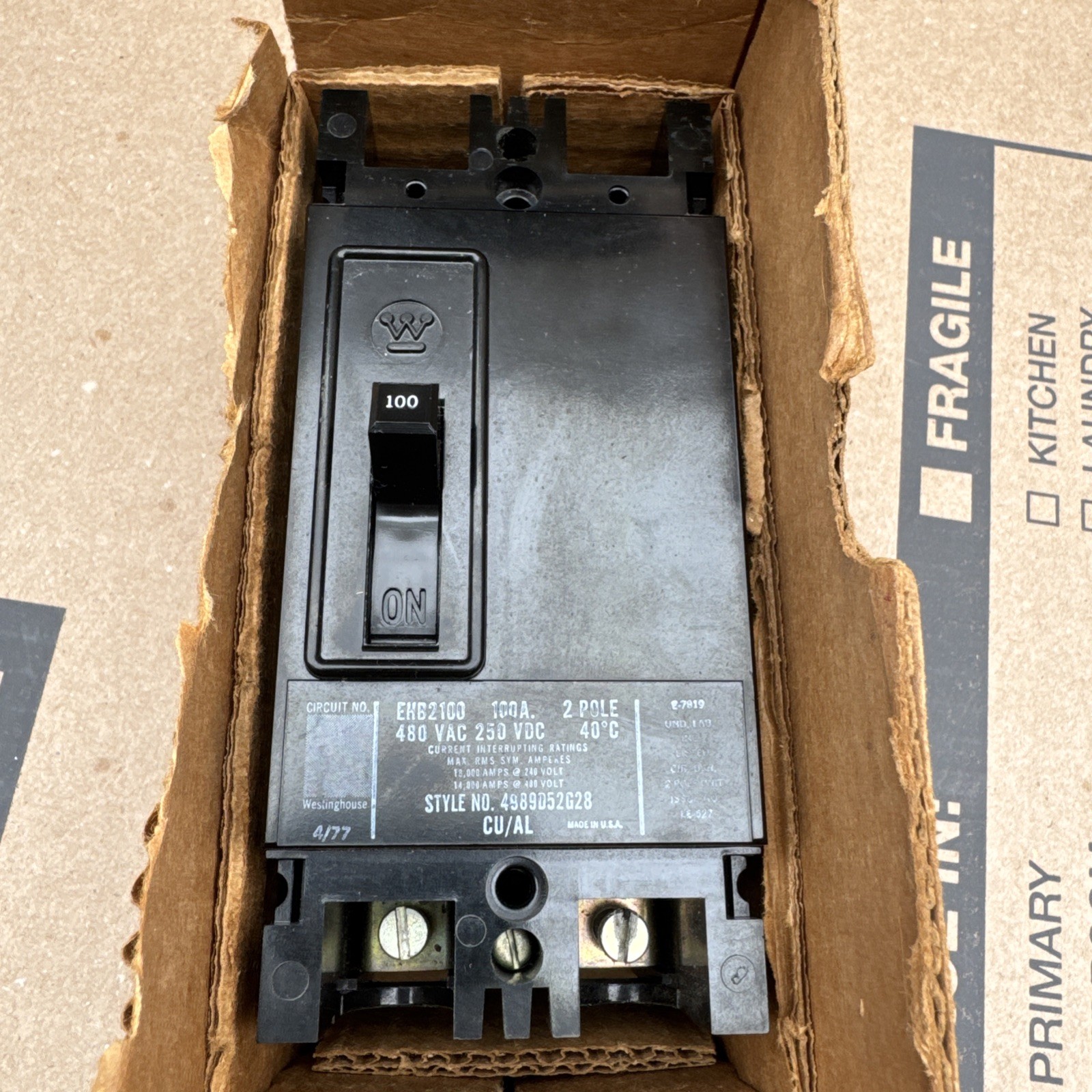 Westinghouse EHB2100 AB Deion Circuit Breaker 2 Pole 100 Amp 480V AC Electrical