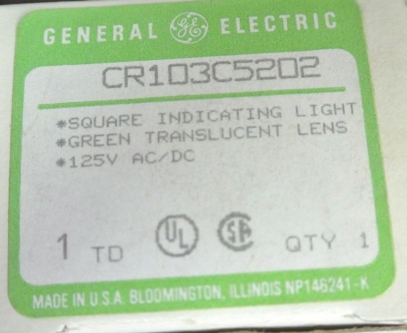 GE CR103C5202 – SQUARE INDICATING LIGHT – GREEN LENS – 125V AC/DC – NEW SURPLUS