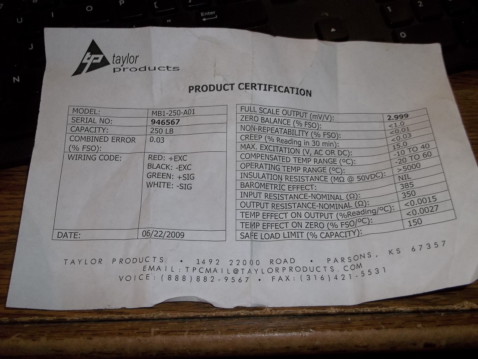 TAYLOR PRODUCTS LOAD CELL MOUNT ASSEMBLY SENSOR 250LB MB1-250-A01 (KK2)