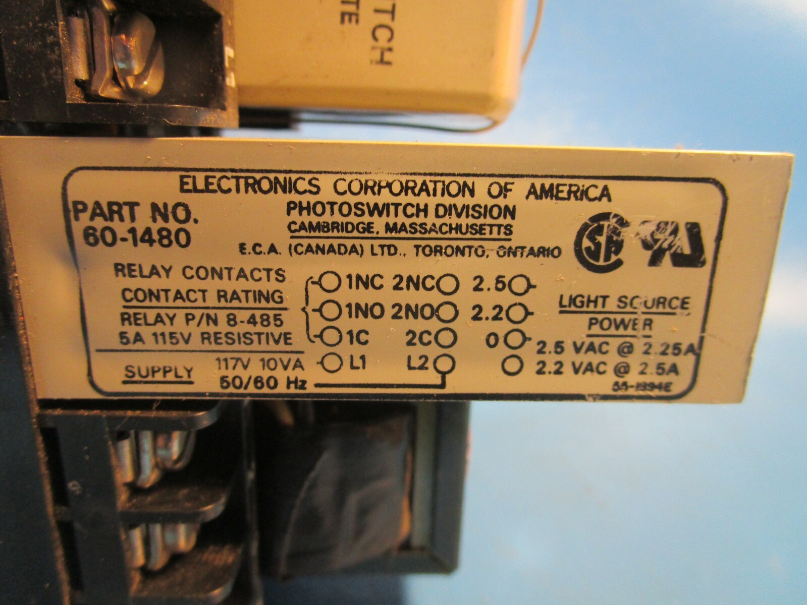 Electronics Corp 60-1480 Control Base Assembly, Relay Photoswitch 8-545,8-530