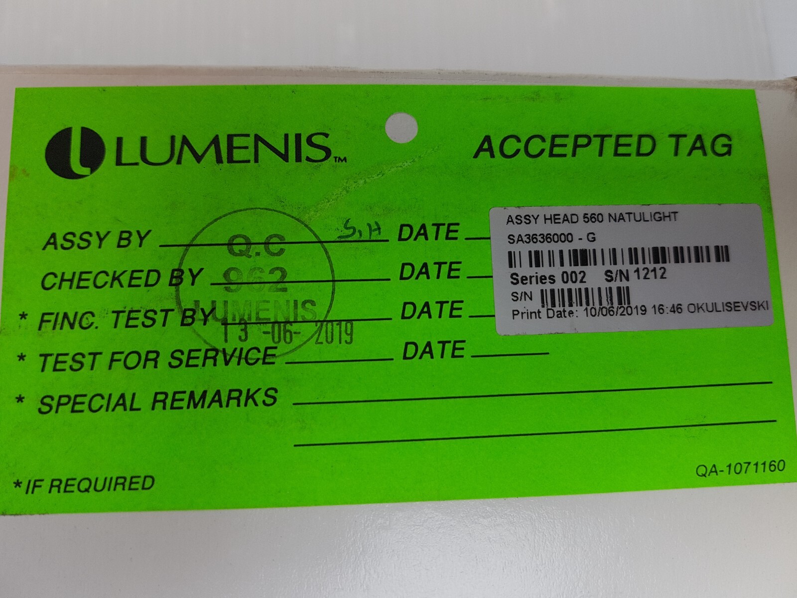 Lumenis NatuLight SR Optical Treatment Head SA3636000, SR560, 2019
