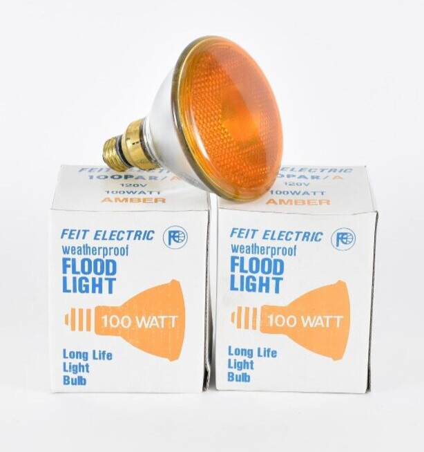 Feit Electric 100 Watt 120v Amber Flood Light Weatherproof NOS Lot of 2 Z20
