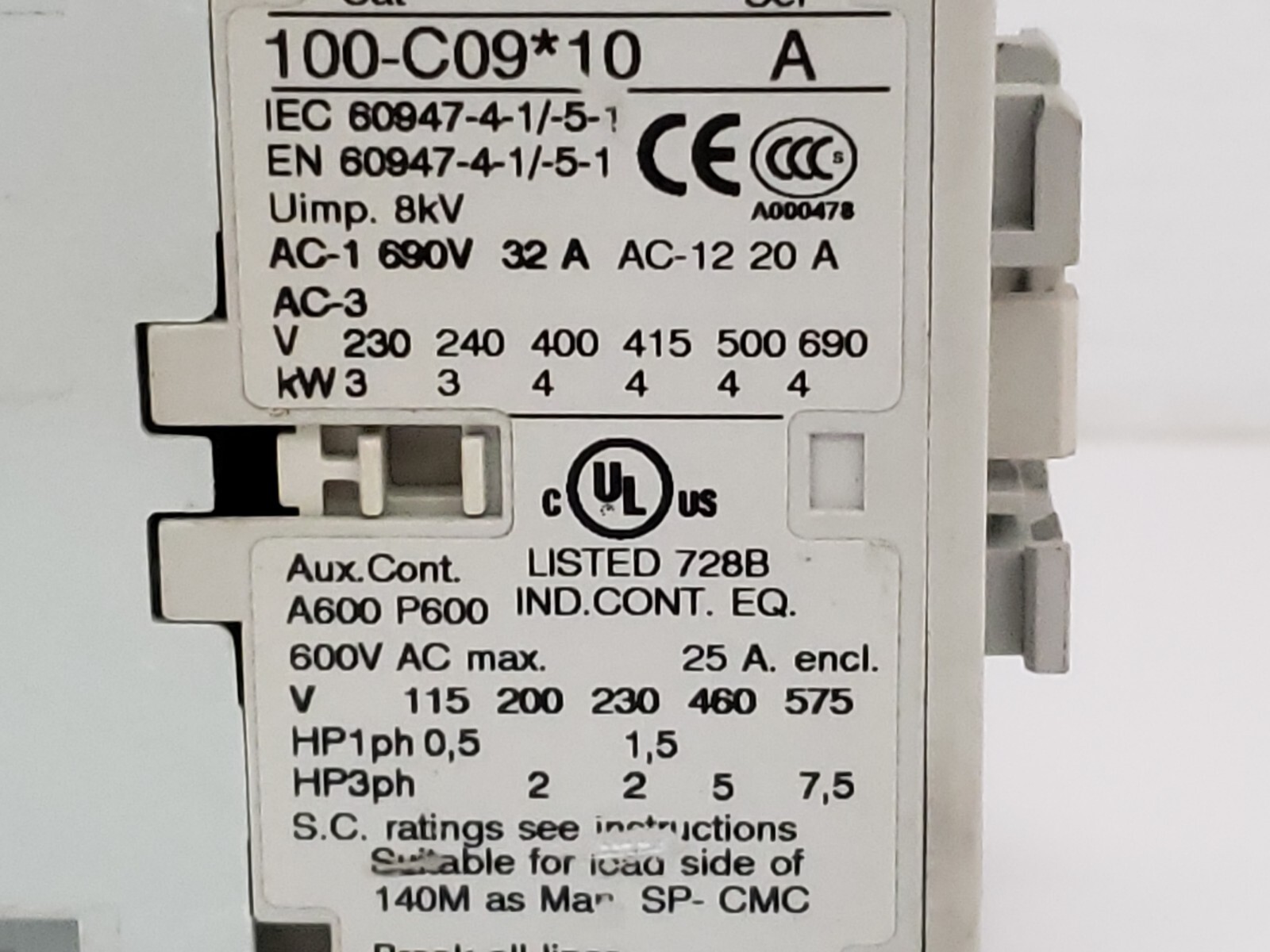 ALLEN BRADLEY 100-C09D10 CONTACTOR 9A 3 POLE 1NO 110/120V SERIES A
