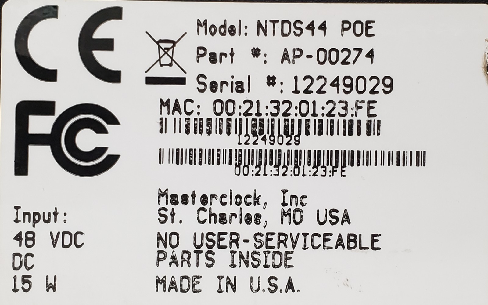 Lot of 2 MASTERCLOCK NTDS44 Network POE NTP Time Protocol LED Display Clock