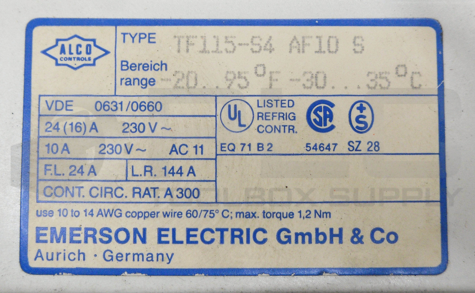 EMERSON ELECTRIC TF115-S4AF10S TEMPERATURE CONTROL 20-95DEG F 24A 230V