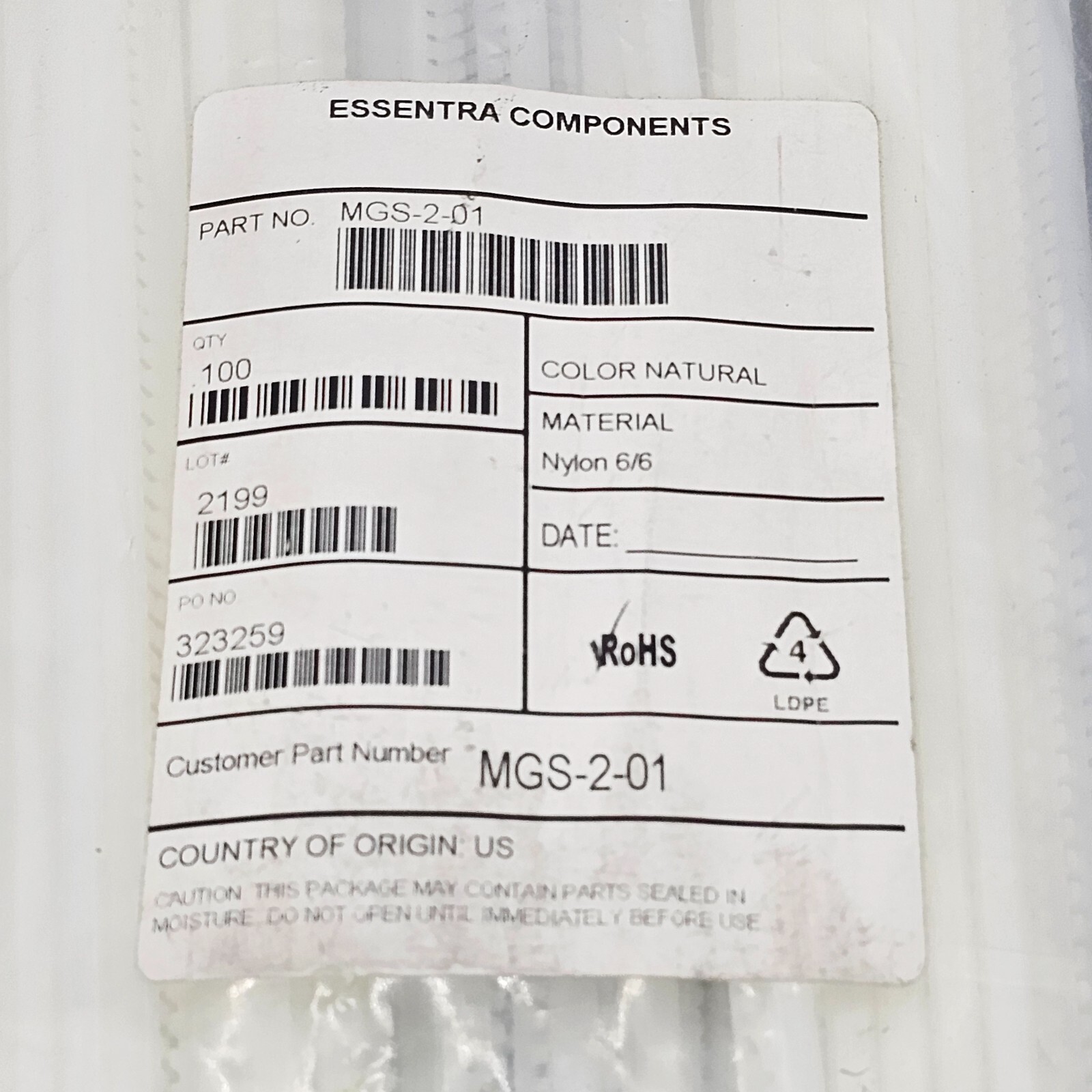 (QTY 100) Essentra Components MGS-2-01 Grommet Strips, Nylon 6/6, Natural Color