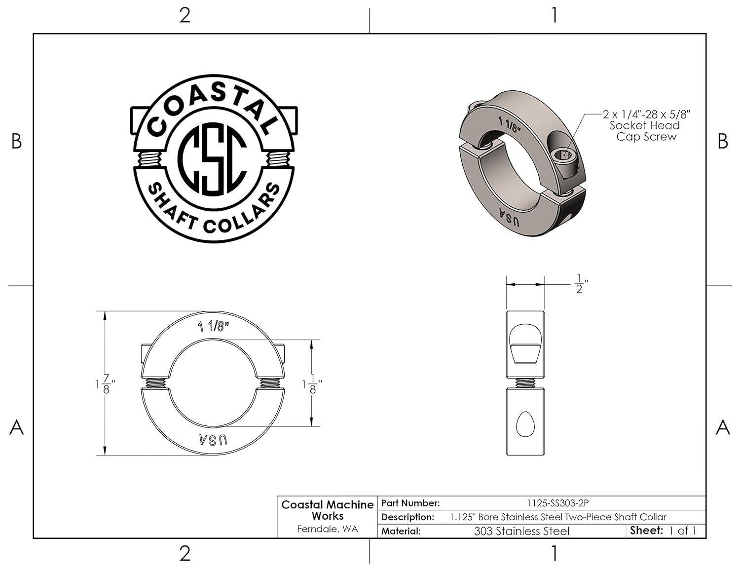 1.125″ Bore Diameter – Clamping Two Piece Shaft Collar – 303 1.125