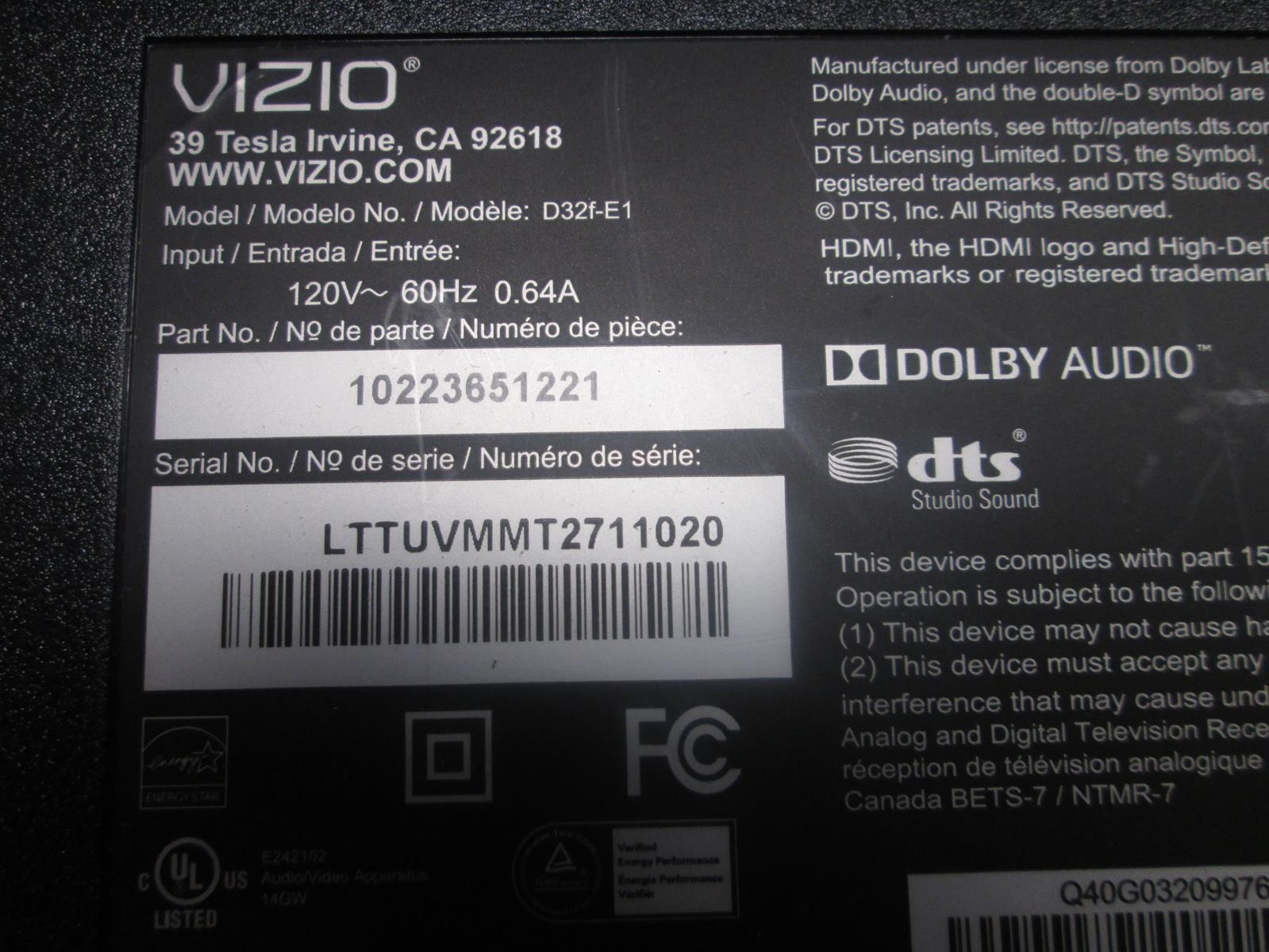 VIZIO 10223651221 MONITOR