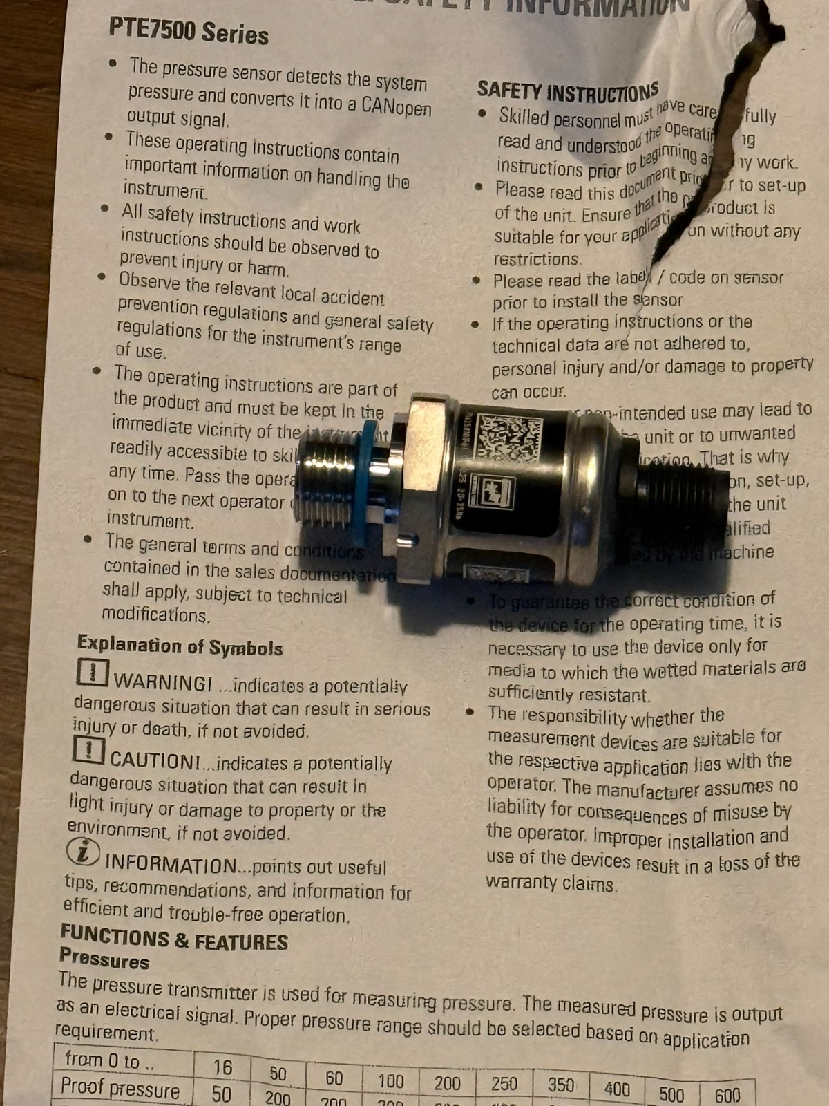 Sensata PTE7500 CANopen Pressure Sensor 20-35nm