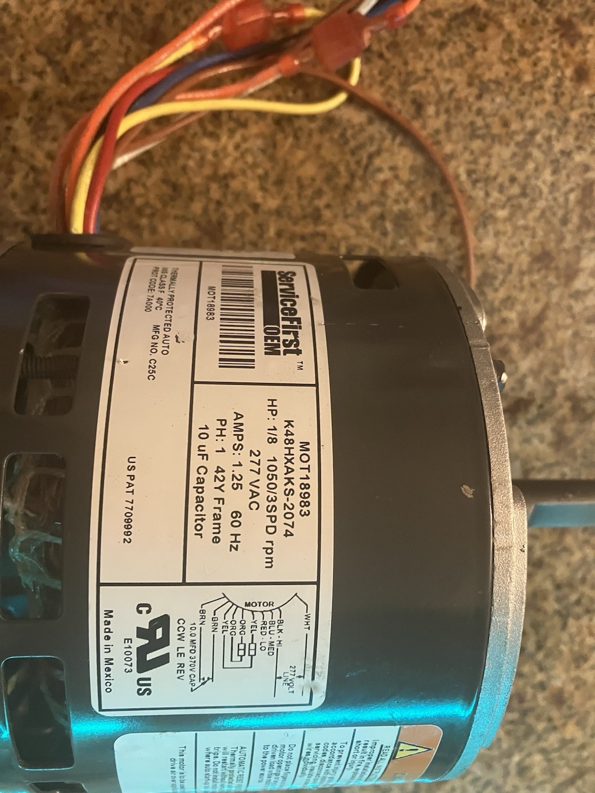Trane MOT18983 277v1ph 1/8hp 1050rpm 3spd Motor