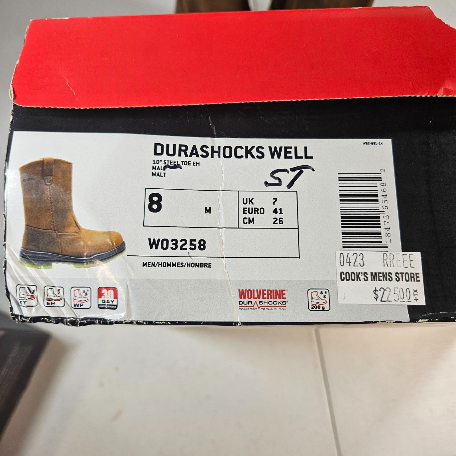 Wolverine Men’s Steel Toe W03258 DuraShocks Wellington Stone 8 M New