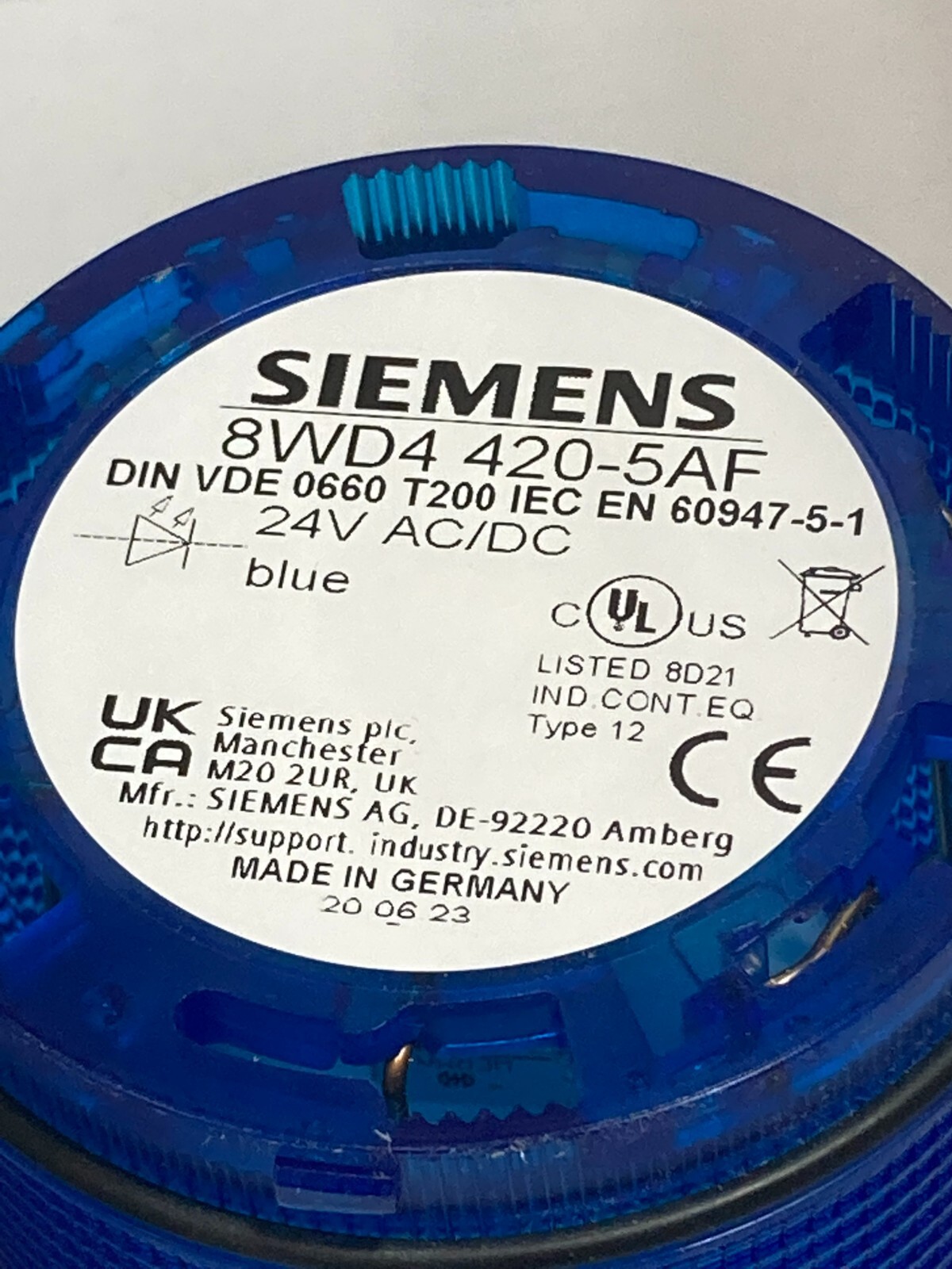 SIEMENS 8WD4 420-5AF STACK LIGHT BLUE LED 24VAC/DC NIB
