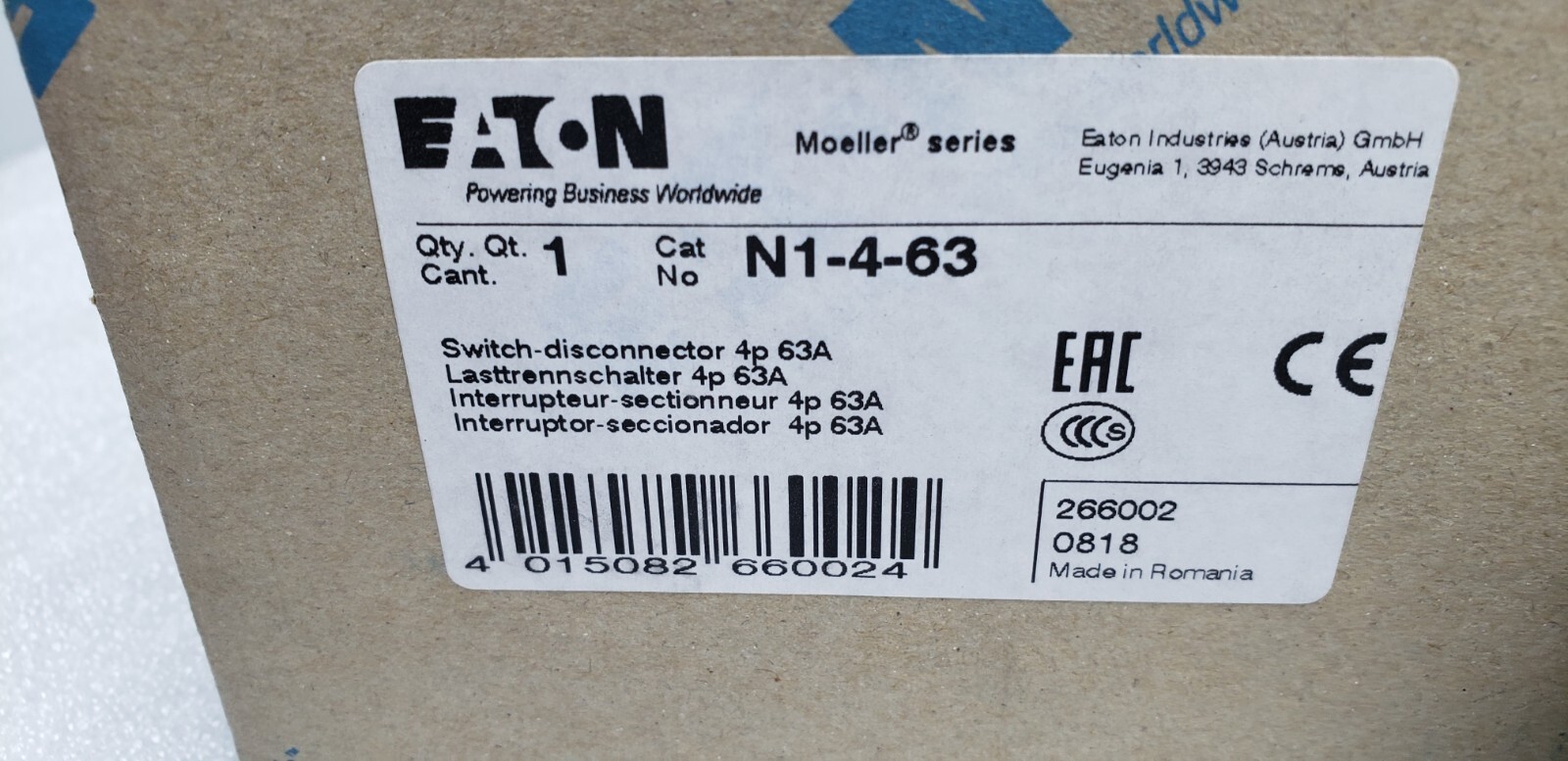 NEW EATON N1-4-63 SWITCH DISCONNECTOR 4 POLE 63A