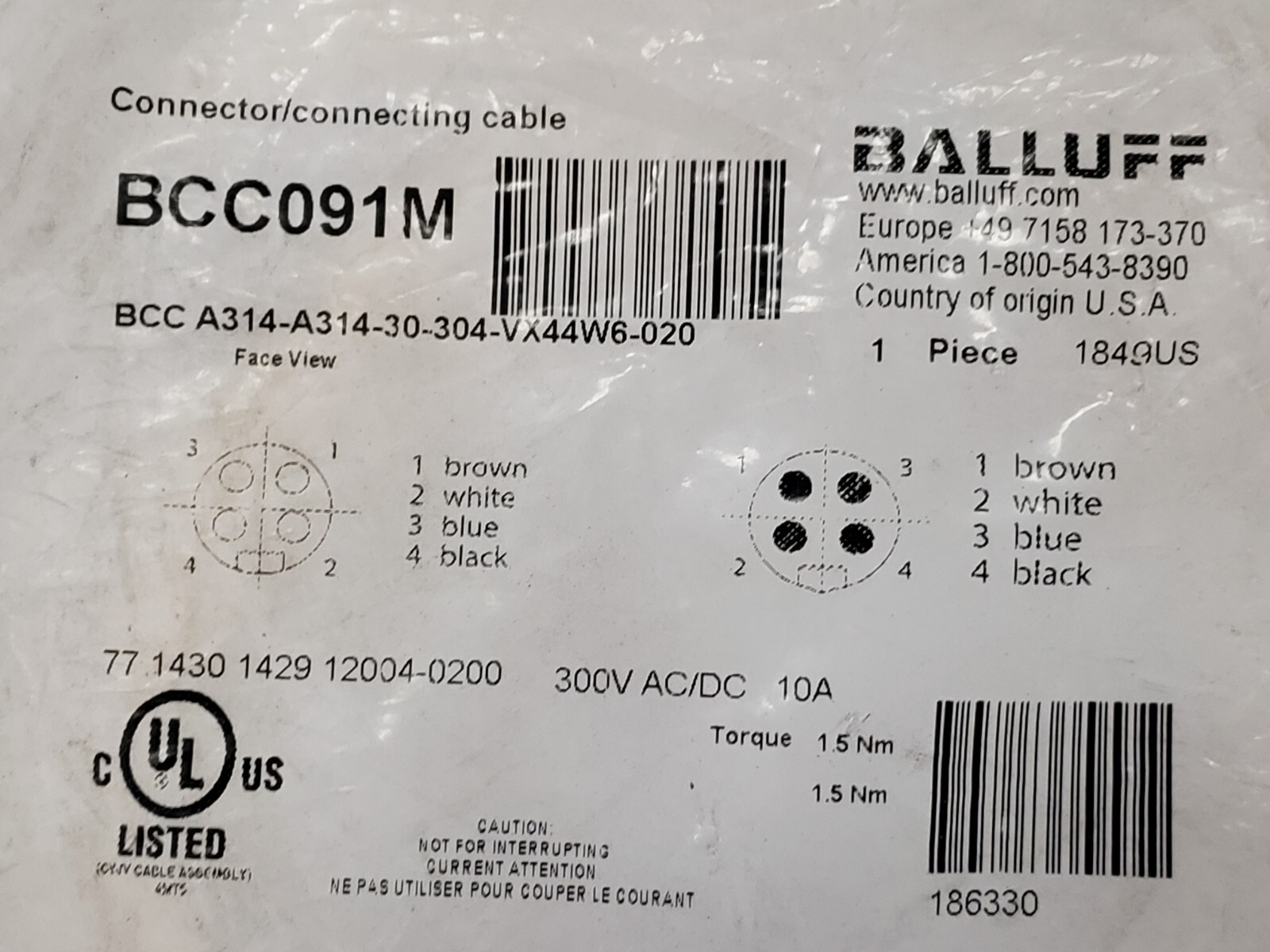 BALLUFF BCC A314-A314-30-304-VX44W6-020 CORDSET DOUBLE ENDED (BCC091M) NIB