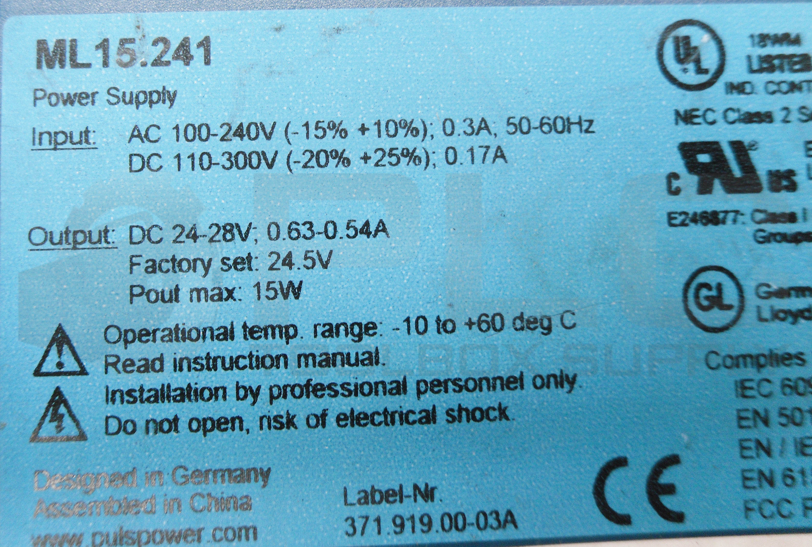 PULS ML15.241 POWER SUPPLY 100-240VAC 50-60HZ 110-300VDC 0.3A