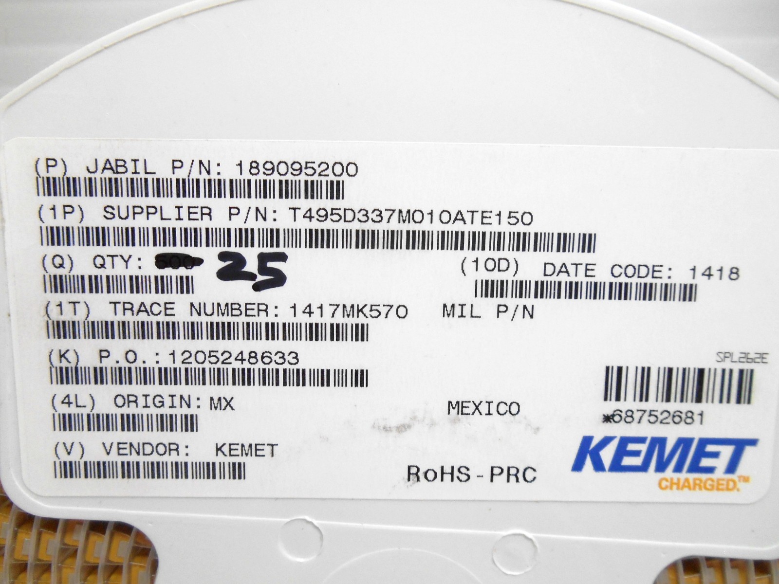 (25) KEMET T495D337M010ATE150 189095200 TANTALUM CAPACITOR – SOLID SMD