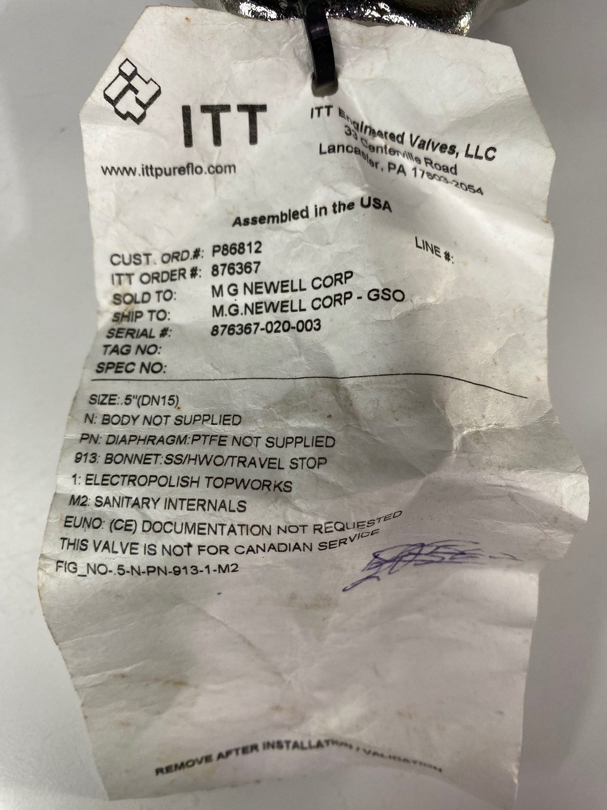 ITT Stainless Steel Diaphragm Bonnet & HandWheel .5-N-PN-913-1-M2 1/2″ (New)