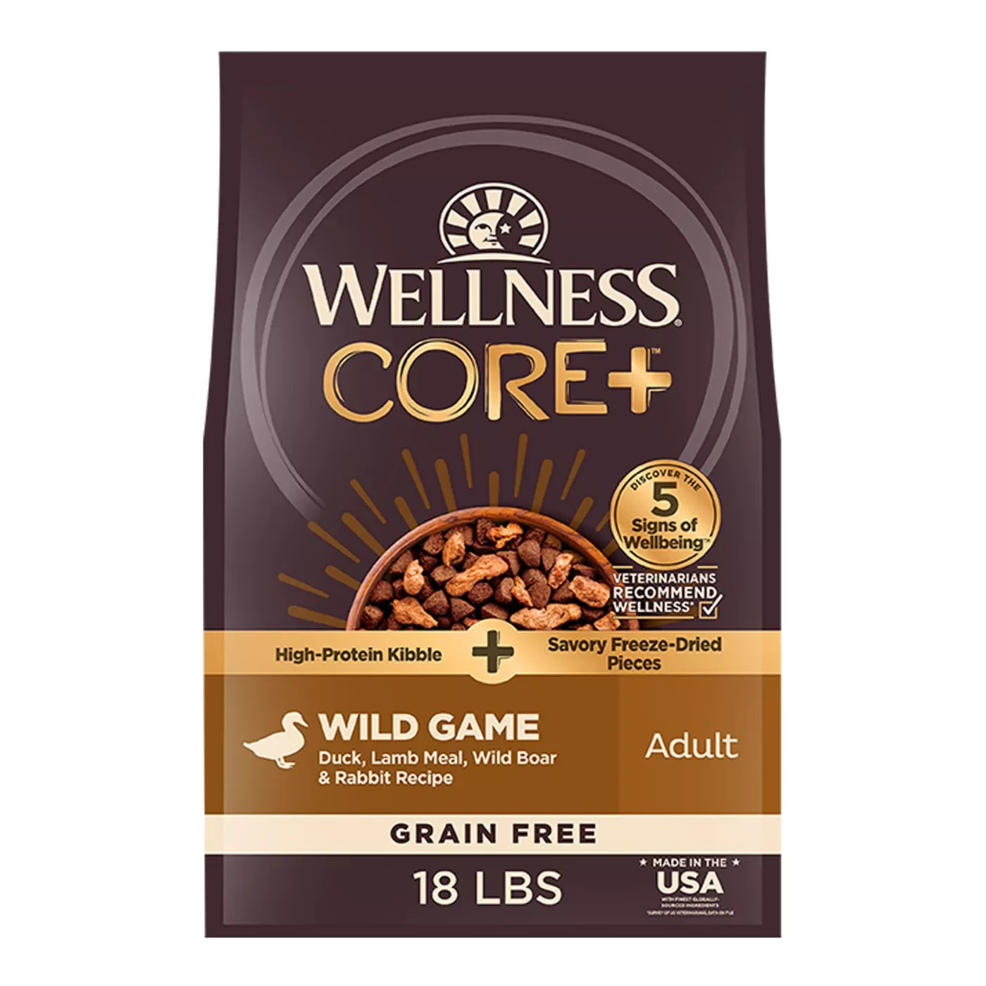 Wellness CORE+ Freeze-Dried Pieces Adult Dry Dog Food-Grain Free, Wild Game,18Lb