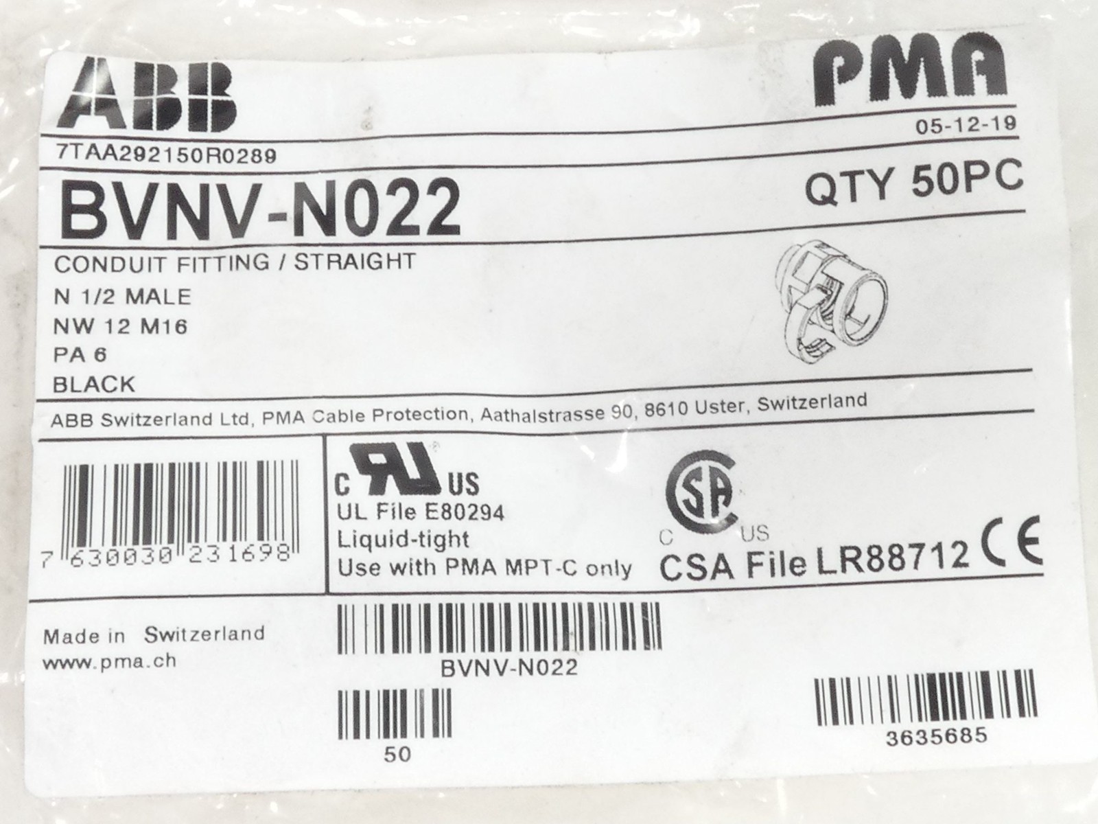 *Lot of 27* PMA ABB BVNV-N022 Male Conduit Fitting 1/2″NPT Straight Black – N…