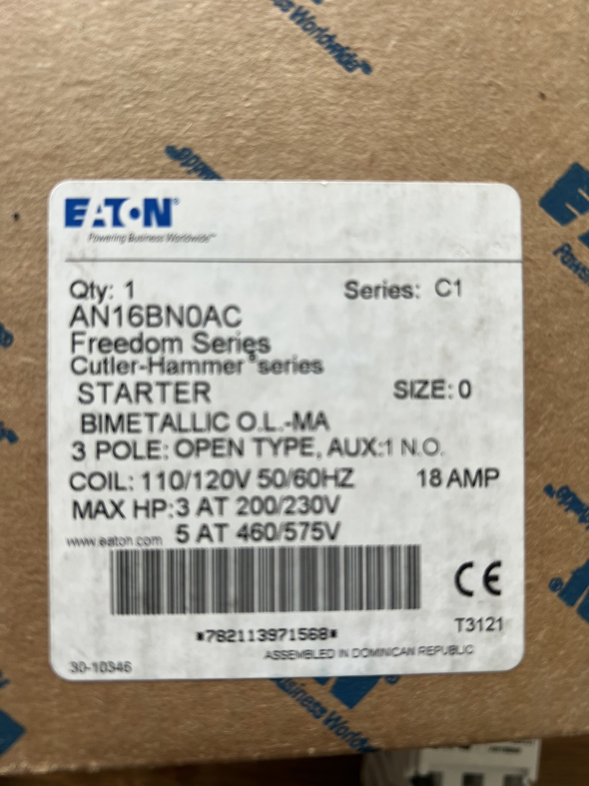 EATON CUTLER HAMMER AN16BN0AC NEMA OPEN 3P STR SIZE 0 120V COIL