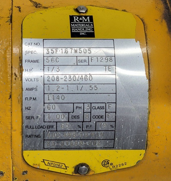 R&M MATERIALS HANDLING 35F167W505 GEAR MOTOR 1/3HP 1140RPM FR: 56C RATIO: 75/1
