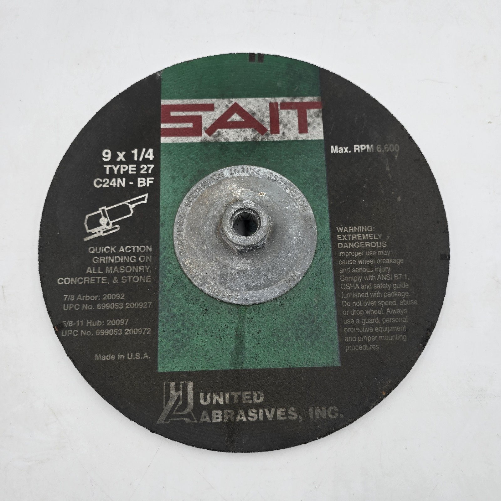 United Abrasives SAIT 9×1/4 Type 27 Grinding Wheel C24N-BF Max 6,600 Carbide