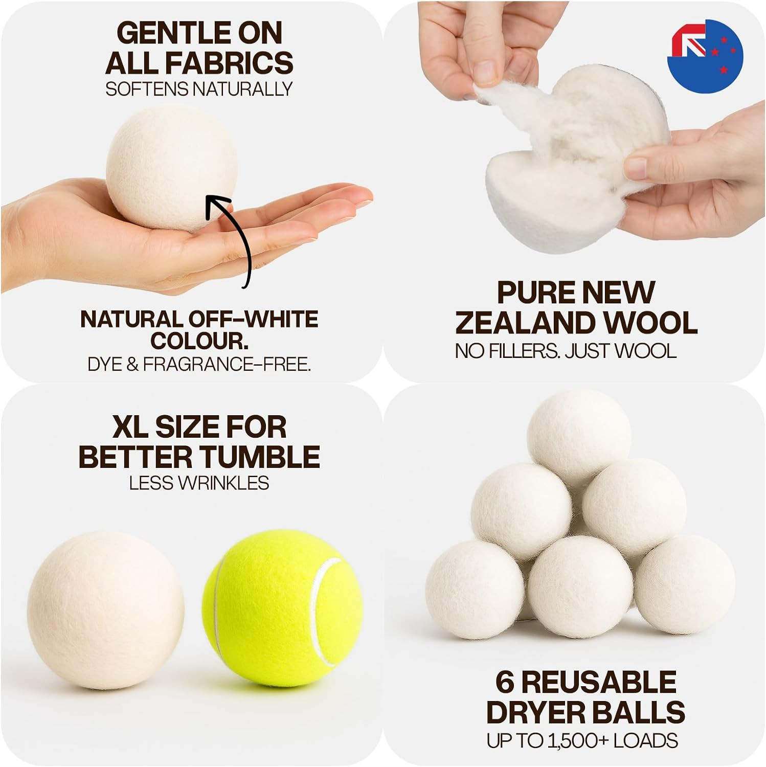 Woollypals Dryer Balls (6-Pack, XL Size) – 100% New Zealand Wool – No More Dryer