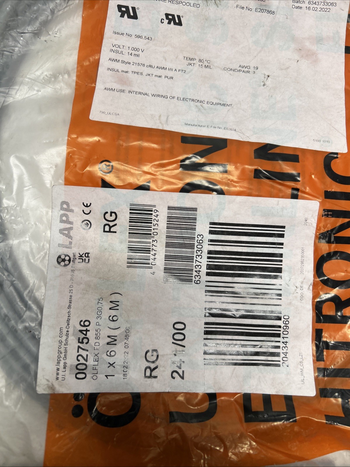 LAPP ÖLFLEX FD 855 P 3G0.75 High Flex Control Cable 6M 0027546 V-073