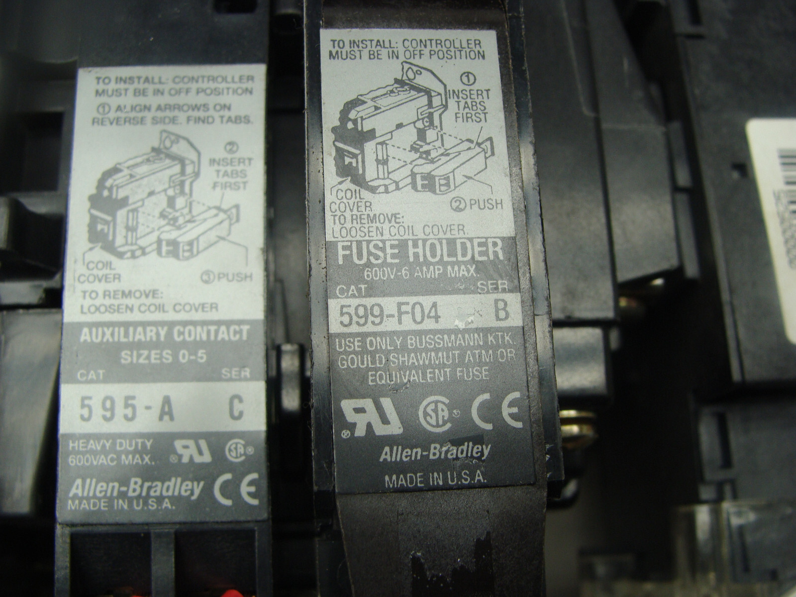 ALLEN BRADLEY CONTACTOR 509-B0D-XXX OVERLOAD RELAY 592-A2EA AUX CONTACT 595-A