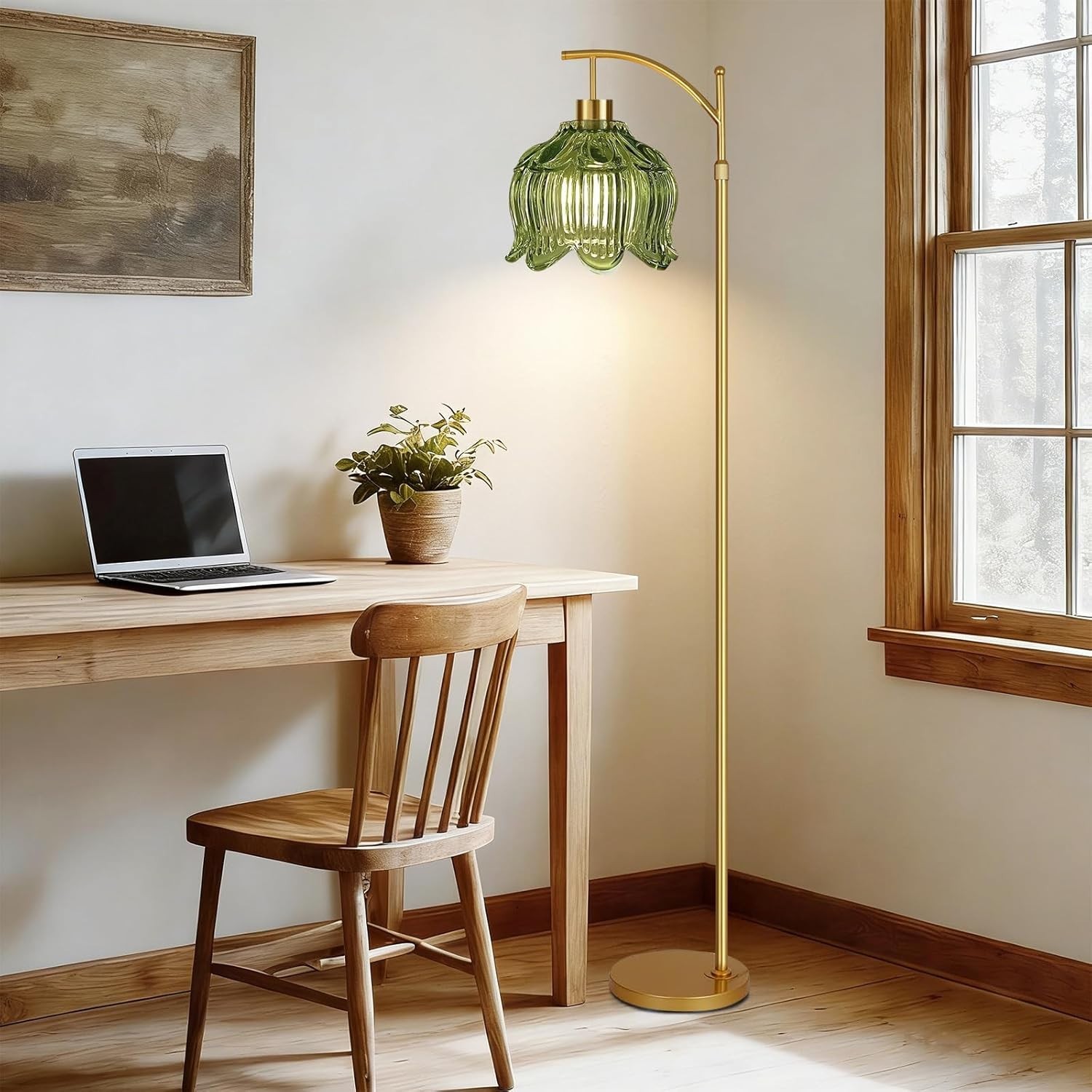 Mid Century Modern Gold Floor Lamp with Remote – Dimmable Brass & Green Glass Ar