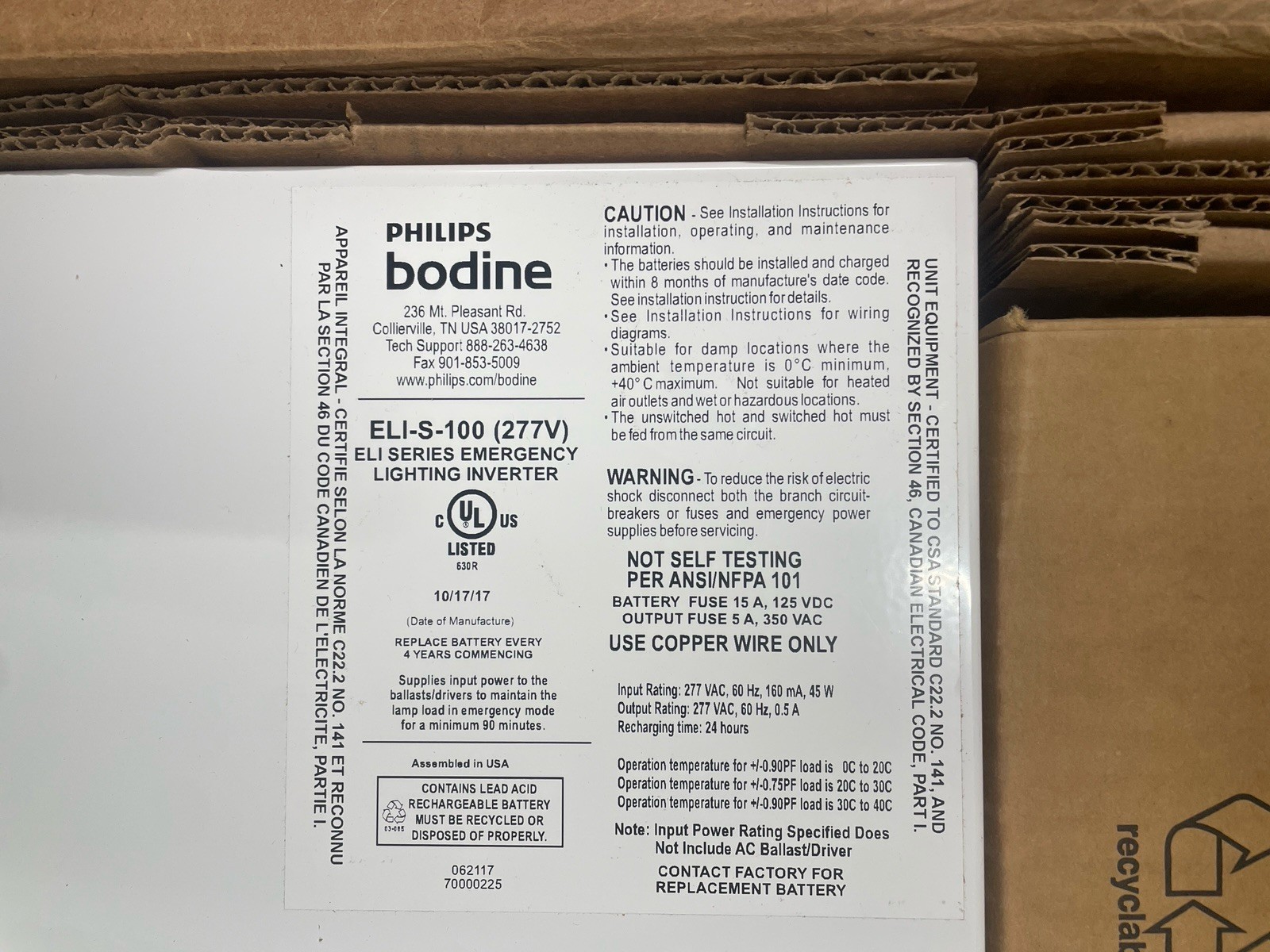 Phillips Bodine ELI-S-100-277V EM Lighting Inverter Open Box New w/ Battery