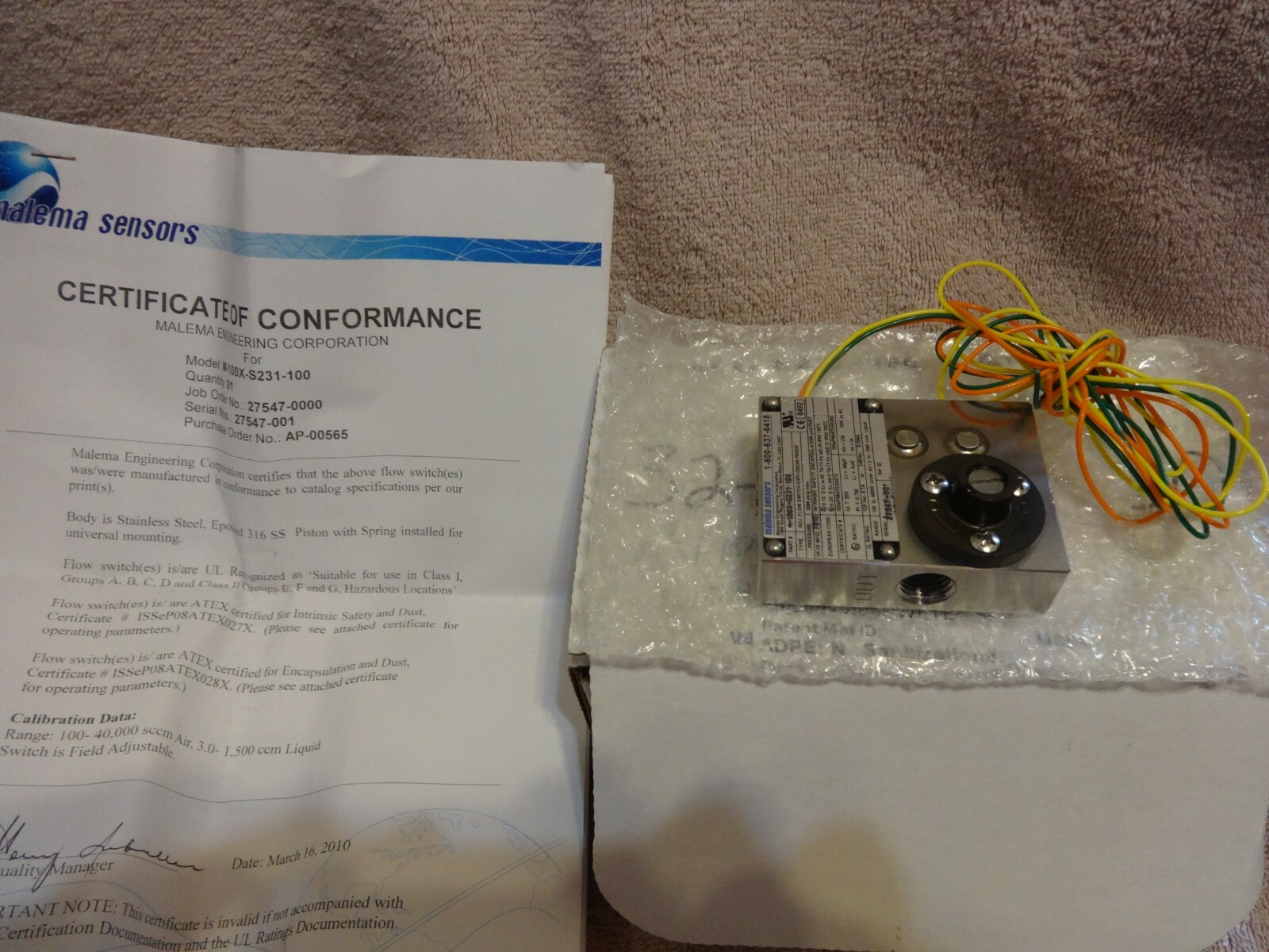 MALEMA SENSORS, M-100X Series Ex-proof Adjustable Flow Switches M-100X-S231-100