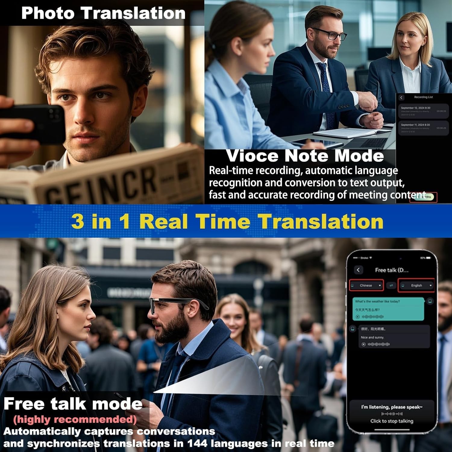 Lentes inteligentes De Traducción AI Chat GPT 164 Idiomas Traductor Tiempo Real