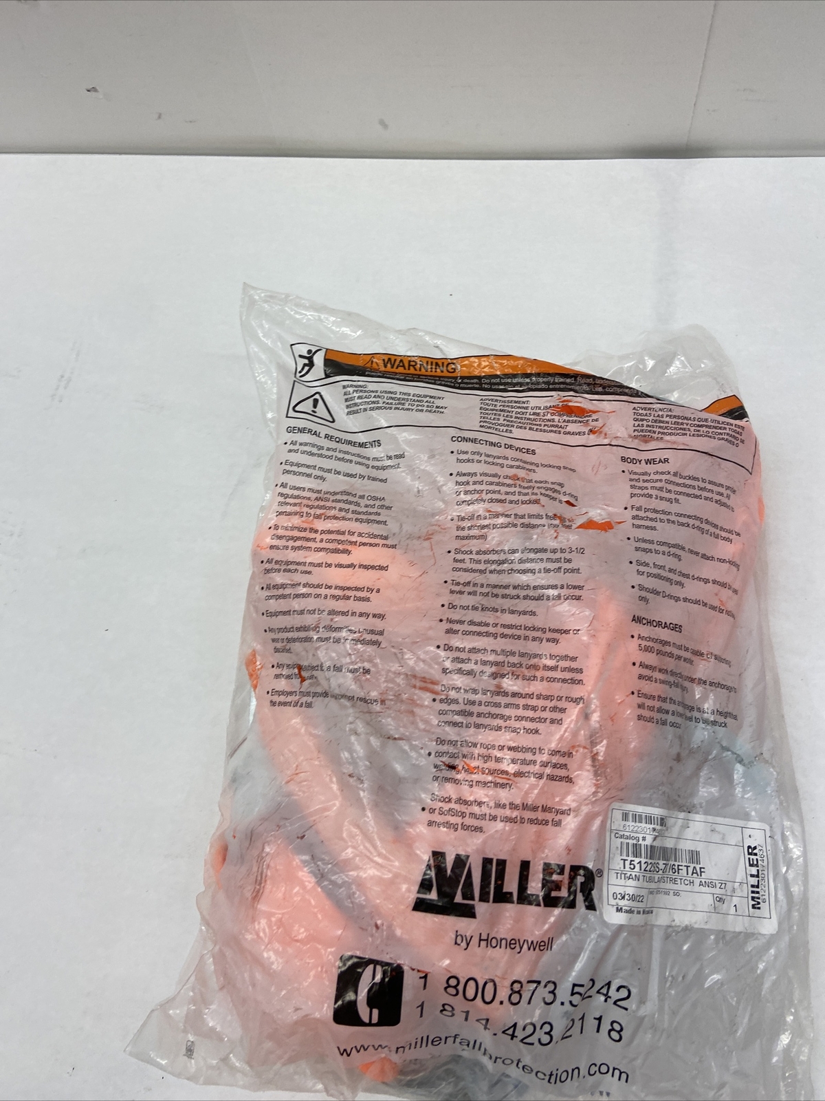 MILLER HONEYWELL T5122-Z7 6FTAF 6’ TUBULAR SHOCK-ABSORBING LANYARD, NEW