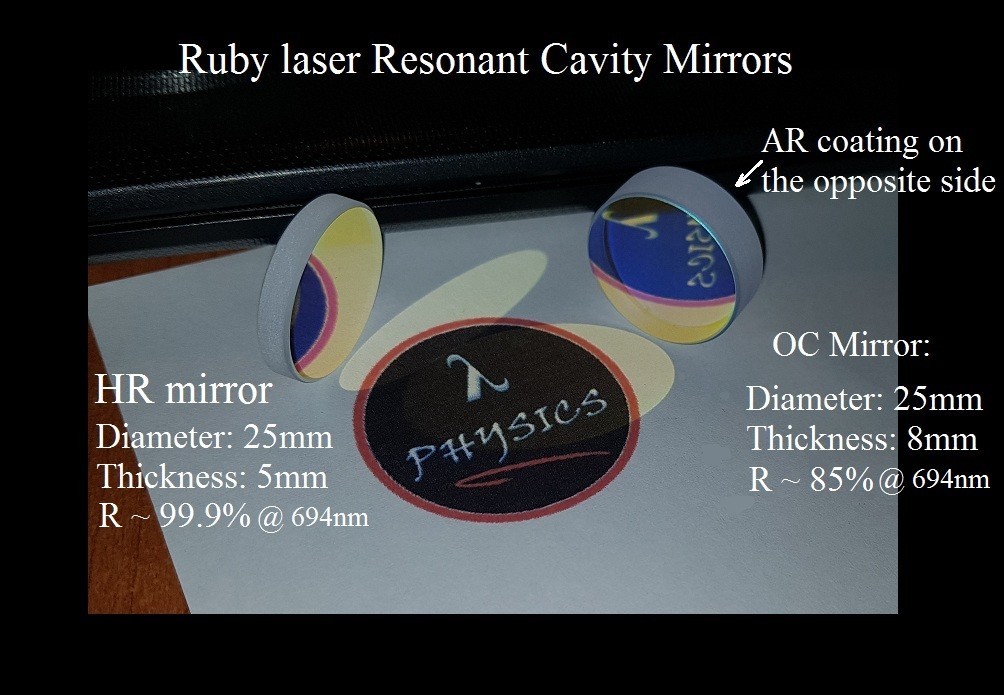 Ruby Laser Resonant Cavity Mirrors HR [R~99.9% – Φ25×5mm] + OC [R~85% – Φ25×8mm]