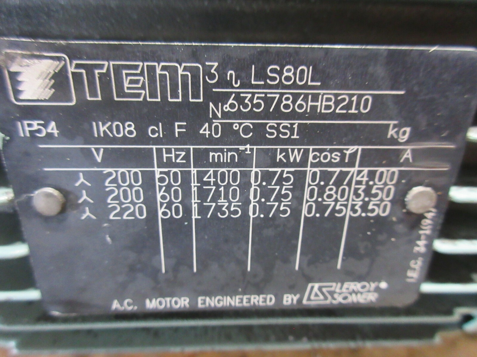 *SPECIAL PRICE* LEROY SOMER MOTOR 3 LS80L IK08 IP54 EMERWORM CSM075N20HTB