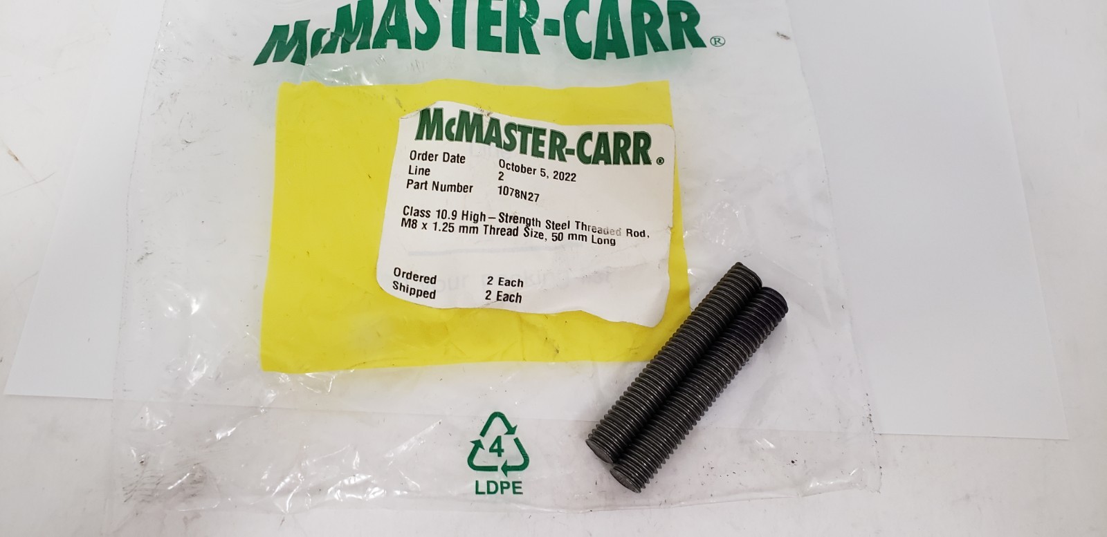 McMASTER-CARR. 1078N27 THREADED ROD, STEEL, M8x1.25mm, 50mm LONG (LOT OF 2) NNB