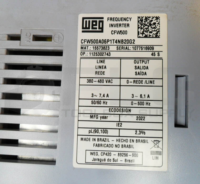 WEG CFW500A06P1T4NB20G2 FREQUENCY INVERTER 380-480VAC 7.4A 50/60HZ 15573823