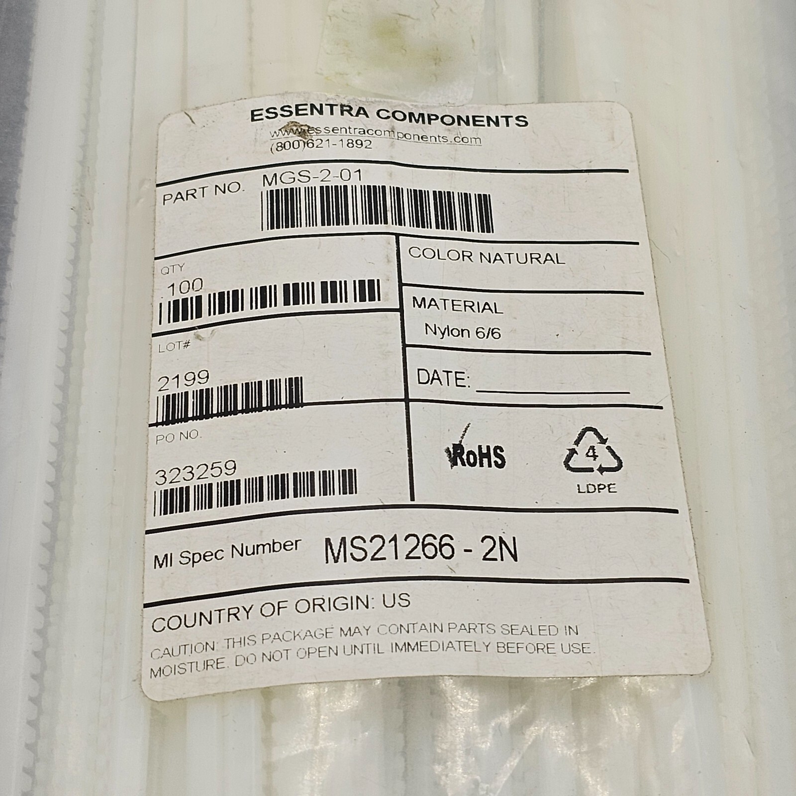 (QTY 100) Essentra Components MGS-2-01 Grommet Strips, Nylon 6/6, Natural Color