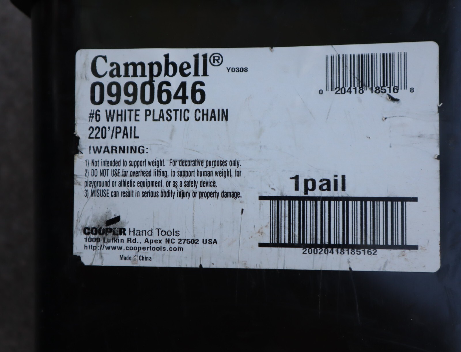 Campbell #6 White Plastic Decorative Chain (NEW, open box, leftover)