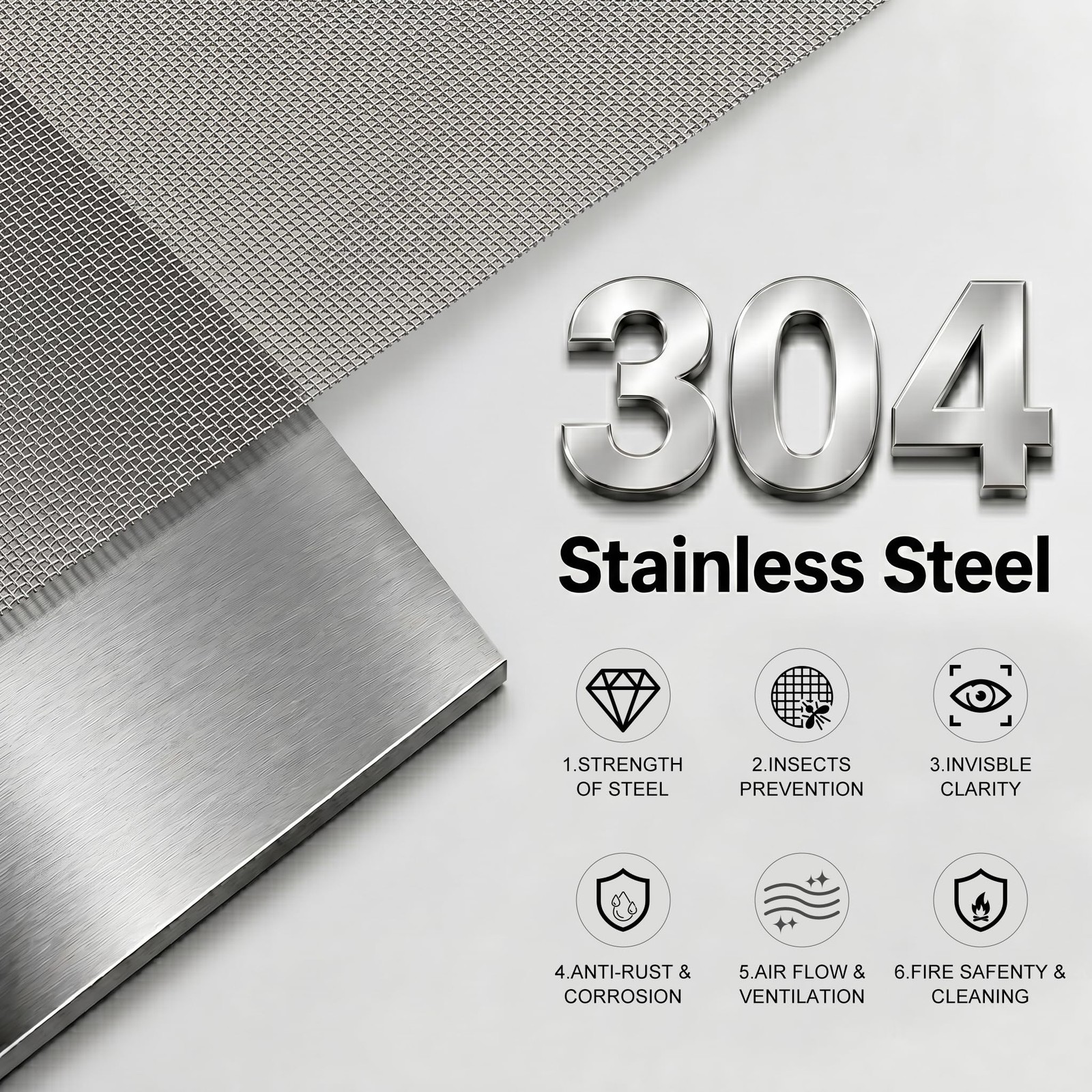 fowong 304 Stainless Steel Mesh Window Screen Roll 35IN x 10FT, Silver