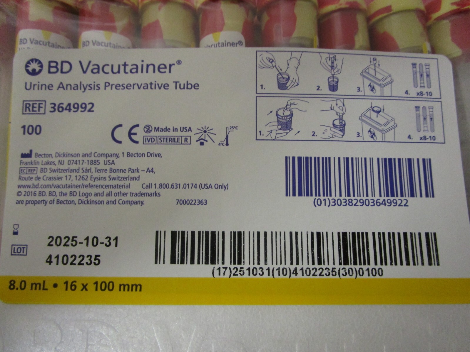 BD Vacutainer REF 364992 8mL Urine Analysis Preservative Tube 100 Pack EX10/2025