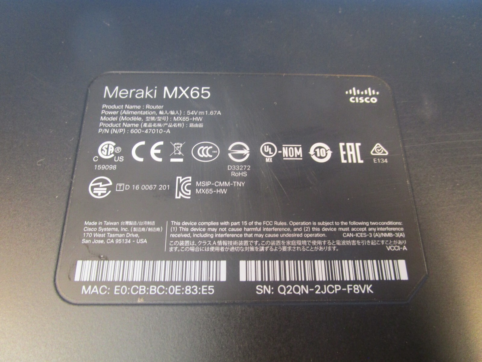 USED LOT OF 2 CISCO MERAKI MX65-HW, 600-47010-A ROUTER, 12-port Router