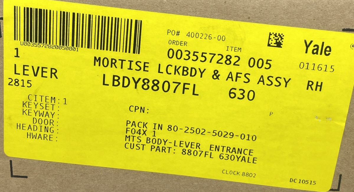 Yale LBDY 8807FL 630 Mortise Entry Lock Mortise Lever Lock Body