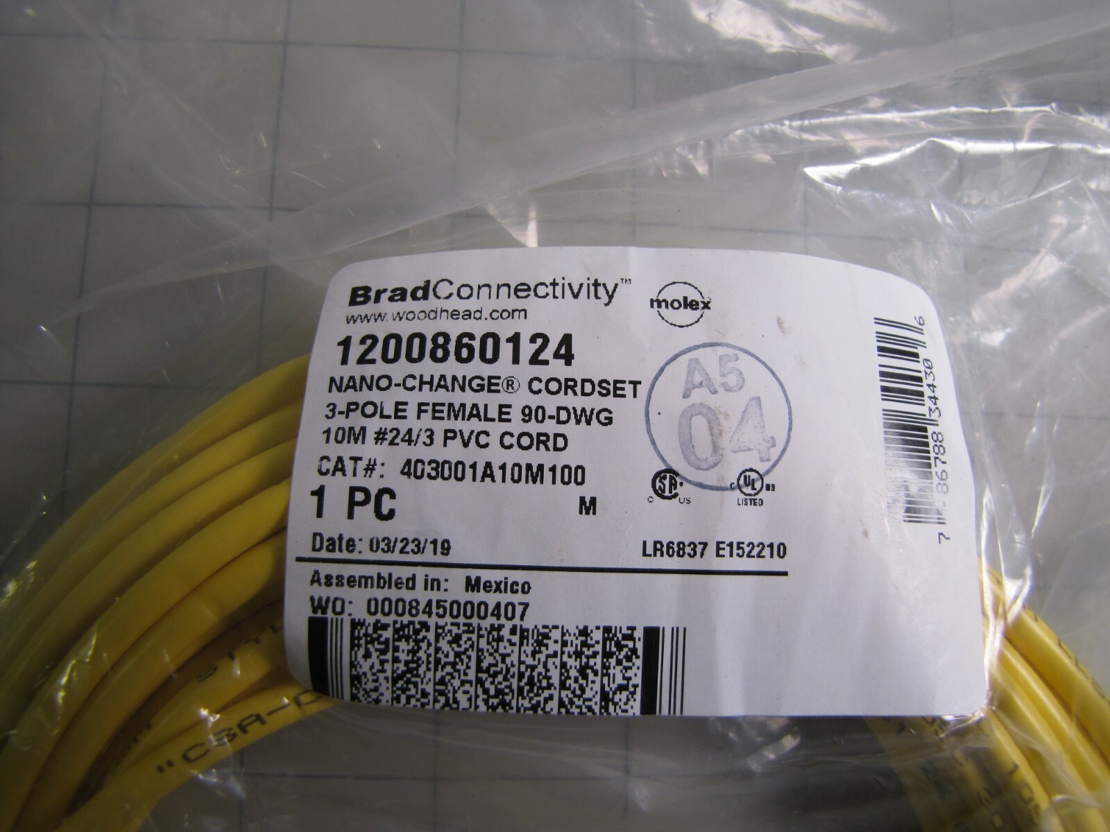 Woodhead Brad Connectivity 1200860124 Nano Change Cordset 3-Pole Female 10m NEW